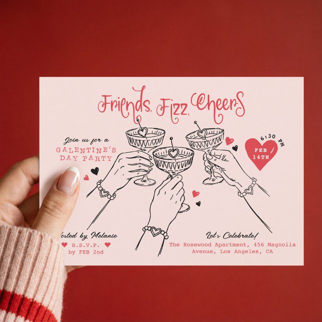 Galentine’s Pink Red Hand Drawn Cocktail Party Inbjudningar (Galentine’s Pink Red Hand Drawn Cocktail Party Invitation)