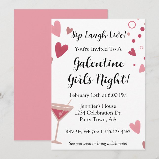 Galentine Tjejernas Utflykt Martini Rosa Inbjudningar (Fram/baksida)