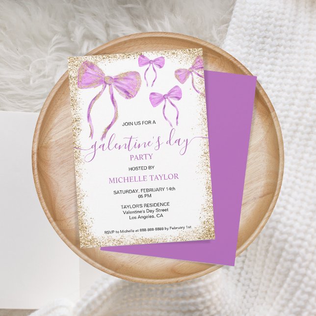 Galentinens dag Party Glitter Guld Lila Bows Inbjudningar (purple bows glitter gold)