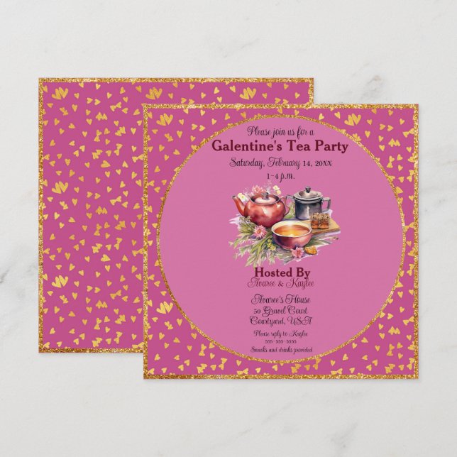 Galentinens dag Tea Party Rosa och Guld Hearts (Fram/baksida)