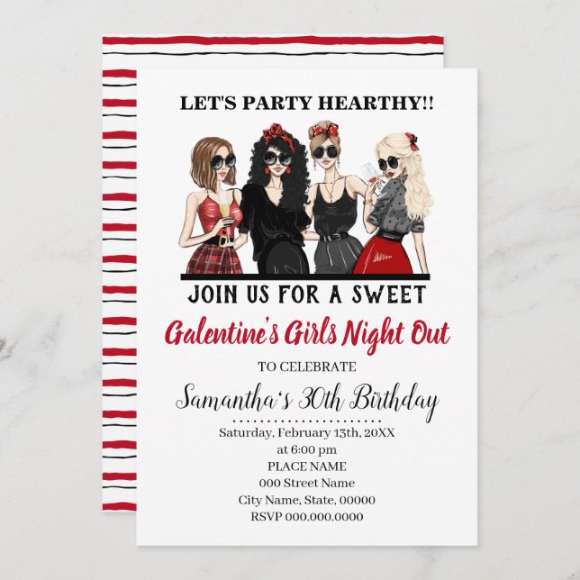 Galentines Bash Girls Night Out Valentines Party Inbjudningar (Fram/baksida)