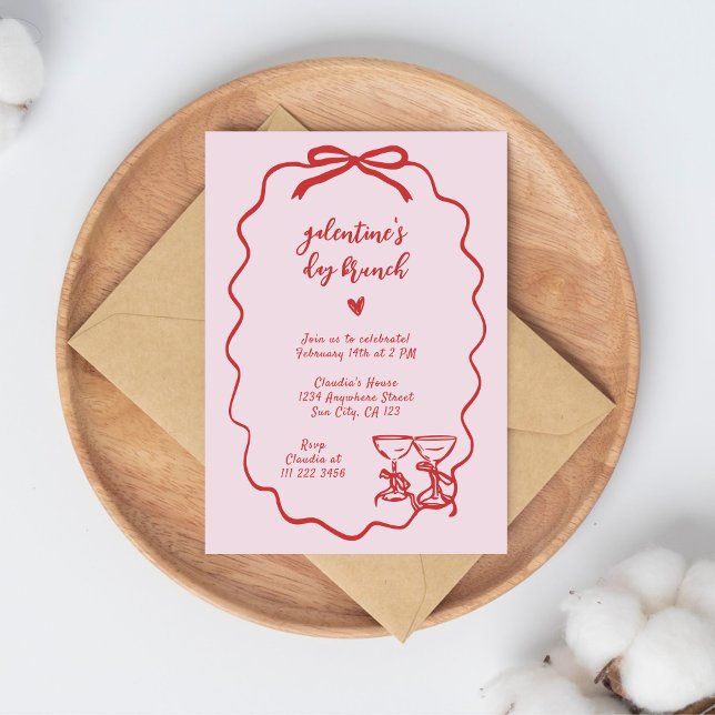 Galentine's Brunch Rosa Röd Handskriven Inbjudningar (Skapare uppladdad)