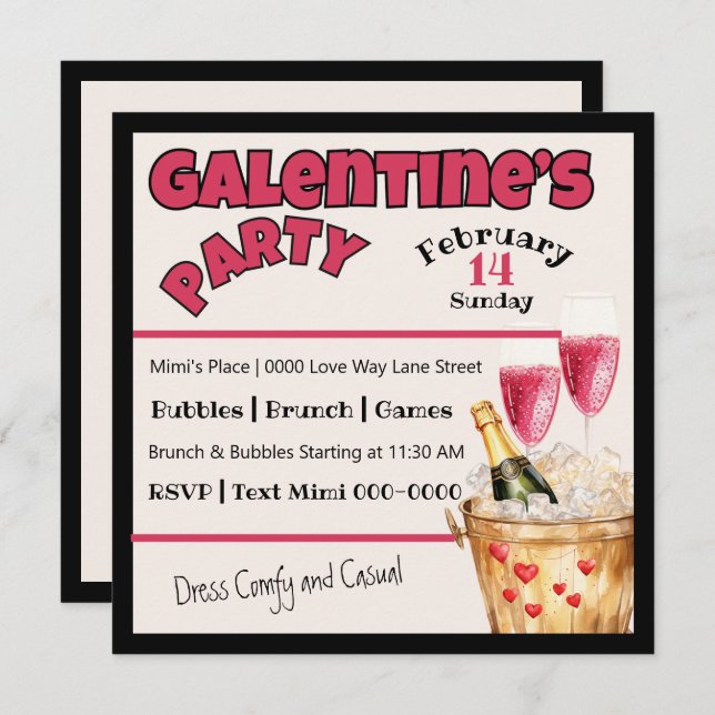 Galentine's Champagne Party i Rosa Inbjudningar (Fram/baksida)