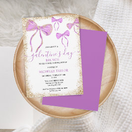 Galentines dag Brunch Glitter Guld Lila Bows Inbjudningar