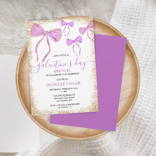 Galentines dag Brunch Glitter Guld Lila Bows Inbjudningar