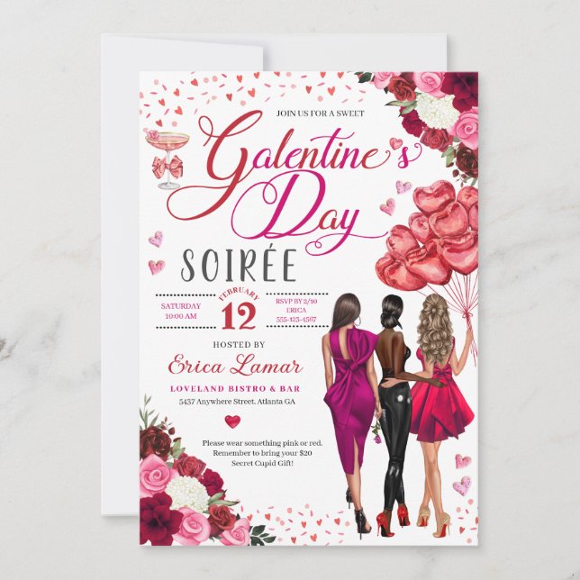 Galentines dag Girl Friends Brunch Rosa Hearts Inbjudningar (Framsida)