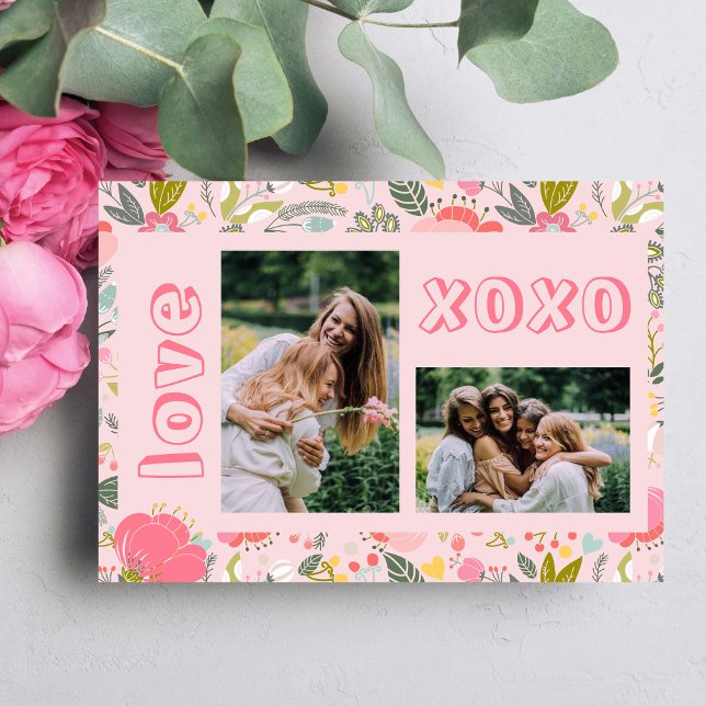 Galentine's Day blommande rosa 2 foto collage xoxo Julkort (Skapare uppladdad)