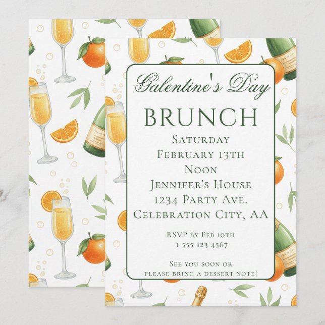 Galentines Day Brunch Mimosas Elegant Inbjudningar (Fram/baksida)