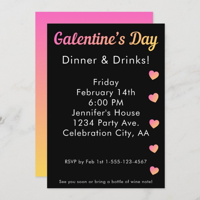 Galentines Day Dinner Drinks Pink Black Party Inbjudningar (Fram/baksida)