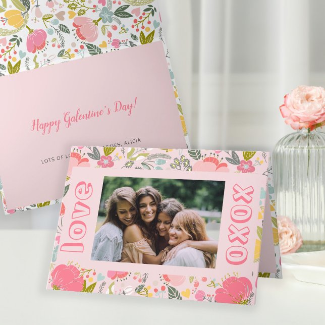 Galentine's Day foto rosa xoxo blommig Helgkort (Skapare uppladdad)