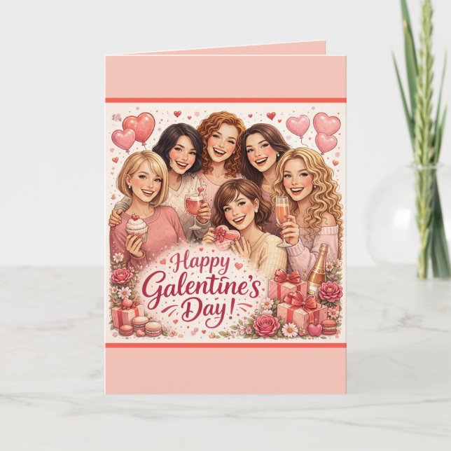 Galentine's Day Greeting Card, Six Girlfriends Kort (Framsida)