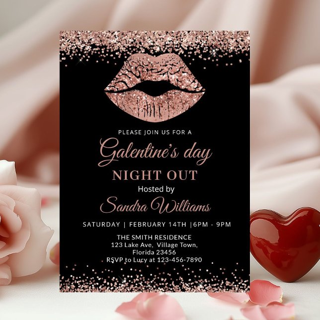 Galentine's Day Kväll Ut Rosa Guld Glitterläppar (Rose gold Lips Galentine's Day Night out invitation)