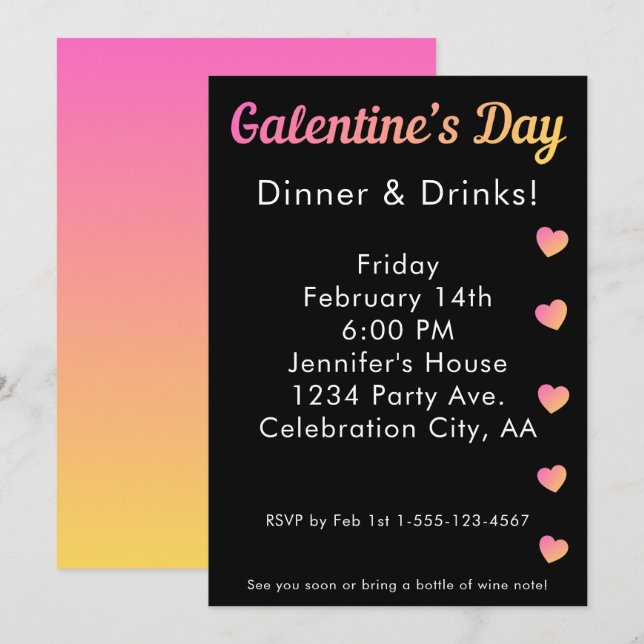 Galentines Day Middagsdrycker Rosa Svart Party Inbjudningar (Fram/baksida)