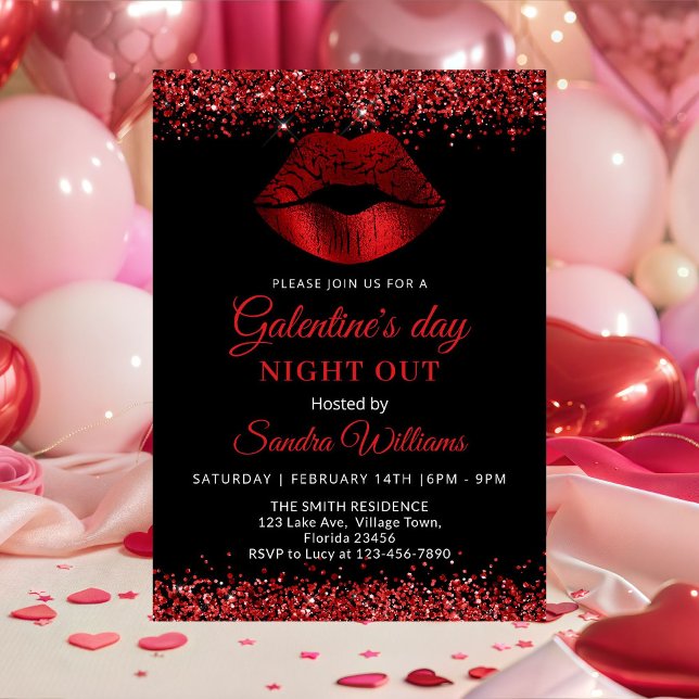 Galentine's Day Natt Ut Röda Glitterläppar Inbjudningar (Red Glitter Lipstick Galentine's Day night out invitation)