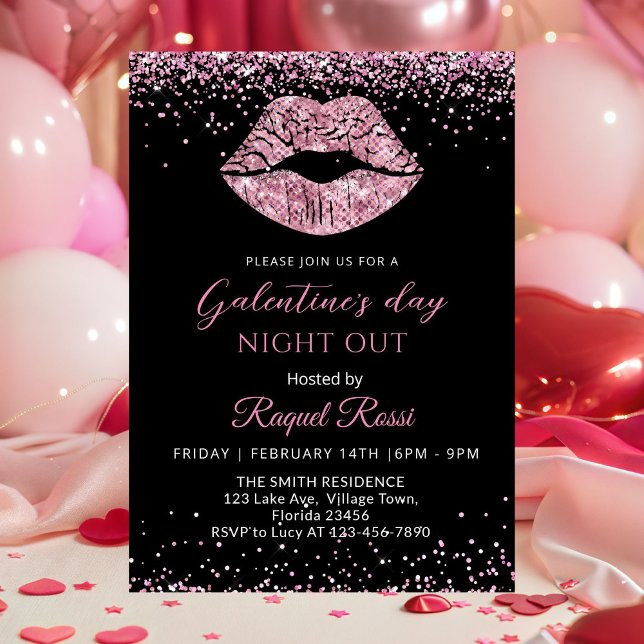 Galentine's Day Natt Ut Rosa Glitterläppar Inbjudningar (Galentine's Day Night Out Pink Glitter Lip Invitation)
