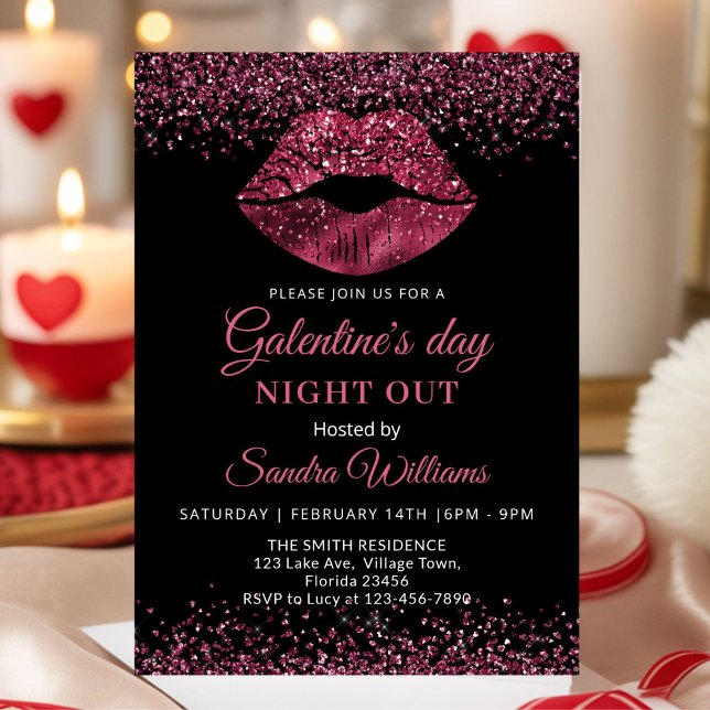 Galentine's Day Night Out Burgundy Lipstick Inbjudningar (Burgundy Glitter Lipstick Galentine's day party invitation)