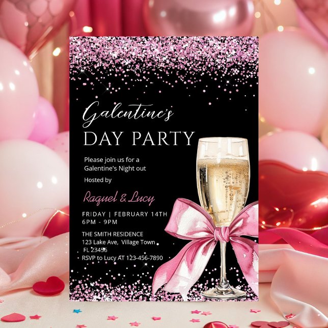 Galentine's Day Party Champagne Rosa Coquette Inbjudningar (Pink coquette bow champagne Galentine's Day Party invitation)