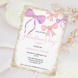 Galentines Day Party Glitter Guld Rosa Bows Inbjudningar