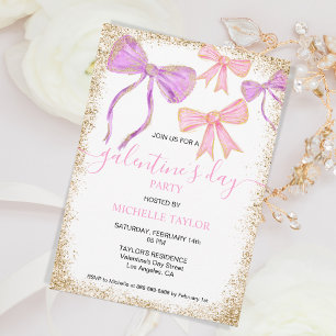 Galentines Day Party Glitter Guld Rosa Bows Inbjudningar