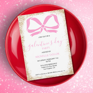 Galentines Day Party Glitter Guld Rosa Bows Inbjudningar