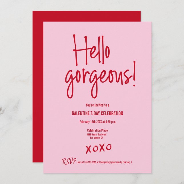 Galentine's Day PINK RED Hello gorgeous XOXO Inbjudningar (Fram/baksida)