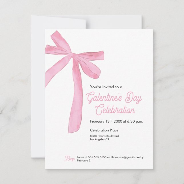 Galentine's day Pink Ribbon Bow Girly modern Inbjudningar (Framsida)
