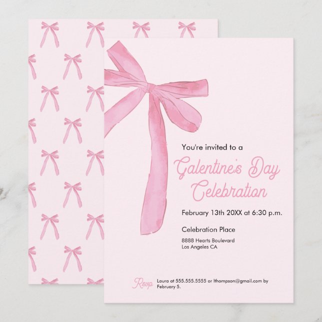 Galentine's day Pink Ribbon Bow Girly modern Inbjudningar (Fram/baksida)