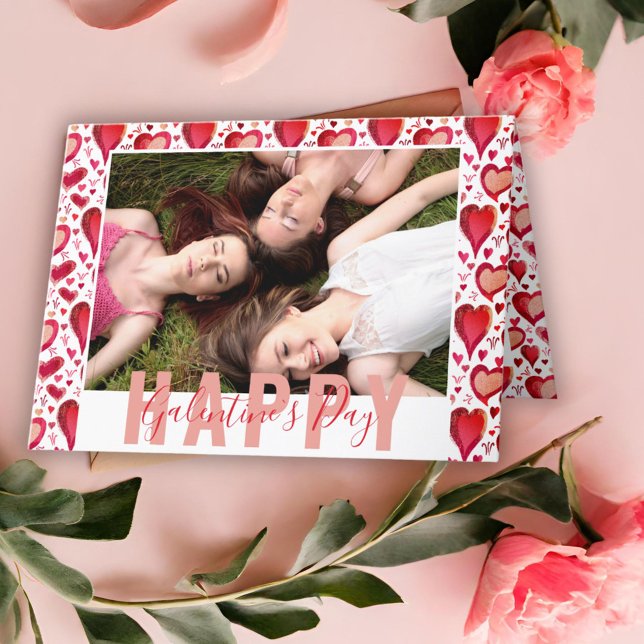 Galentine's Day Red Hearts Teckning Friend Photo Helgkort (Skapare uppladdad)