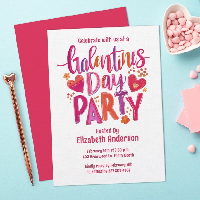 Galentines Day Röd handritad partynodningskort Inbjudningar (A cute and festive "Galentines" Valentines Party Invitation. Personalize it with your information)