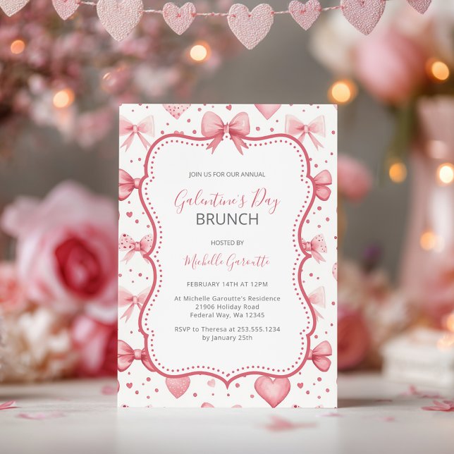 Galentine's Day Rosa Slingor & Hjärtan Brunch Inbjudningar (Galentine’s Day Pink Bows & Hearts Brunch Invitation)