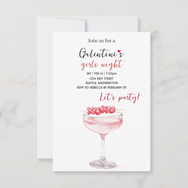 Galentines Fest Inbjudan | Rosa Cocktail (Framsida)