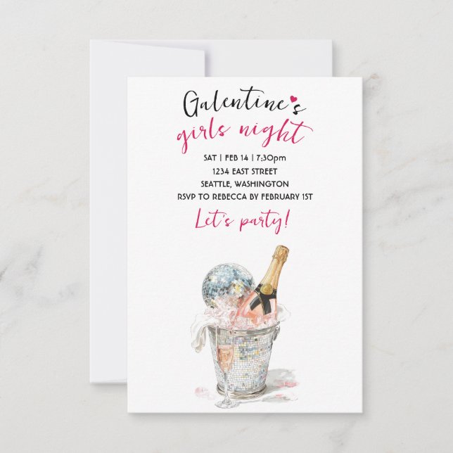 Galentines Festin Invitation Champagne & Disco Bol OSA Kort (Framsida)