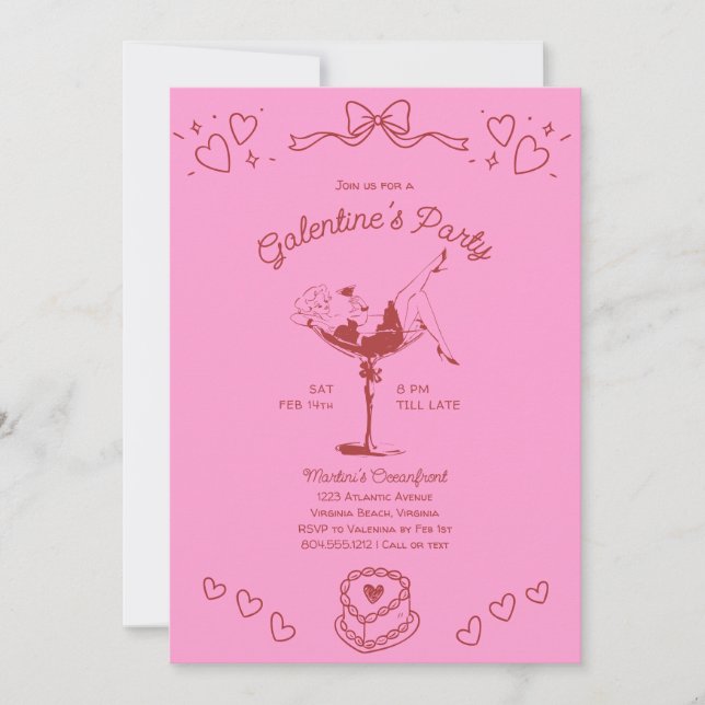 Galentines Girls Night Party Hand Drawn Pink Red  Inbjudningar (Framsida)