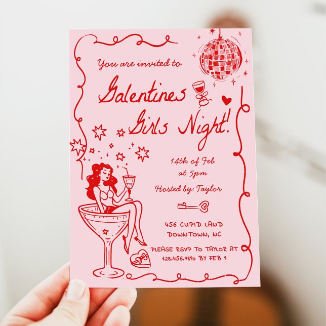 Galentines Girls Night Party Valentine Party Drawn Inbjudningar (Skapare uppladdad)