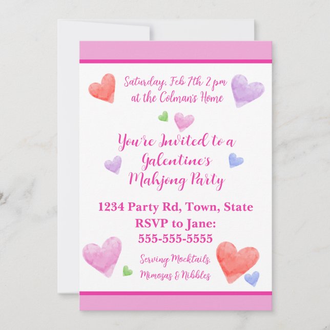 Galentines Mahjong Party Watercolor Hearts Inbjudningar (Framsida)