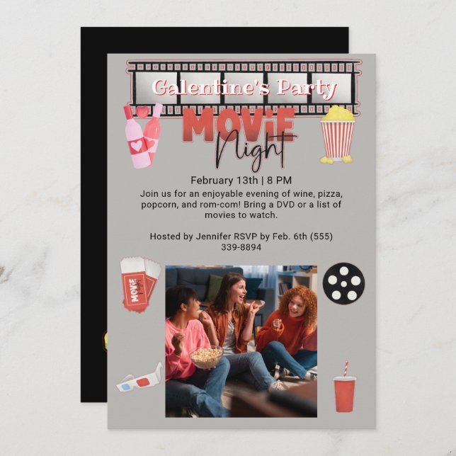 Galentines Party Movie Night Inbjudningar (Fram/baksida)