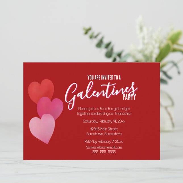 Galentines Party with 3 Hearts on Red Inbjudningar (Stående Fram)