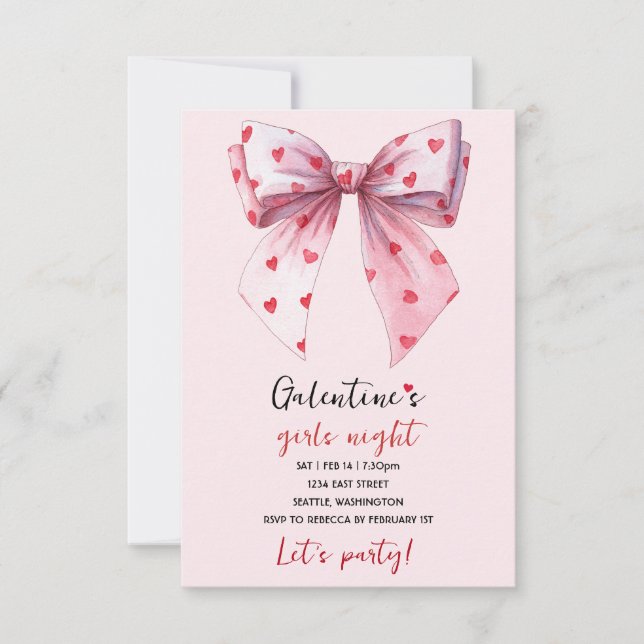 Galentines Pink Bow Party Invitation  OSA Kort (Framsida)