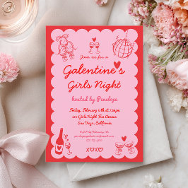 Galentine's Pink Red Hand Drawn Girls Night Party Inbjudningar