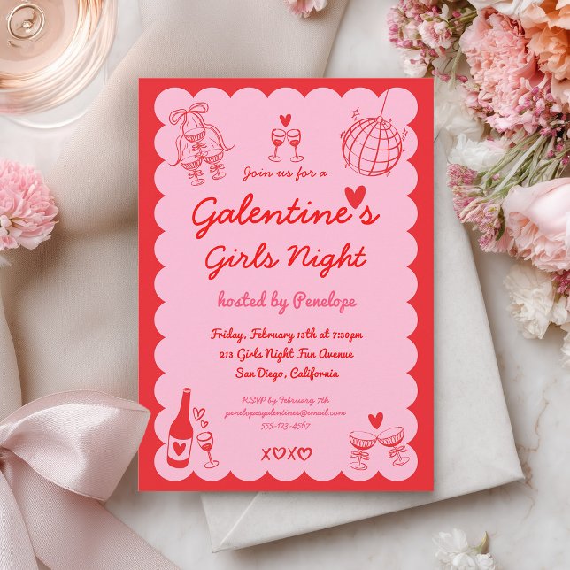 Galentine's Pink Red Hand Drawn Girls Night Party Inbjudningar (Skapare uppladdad)