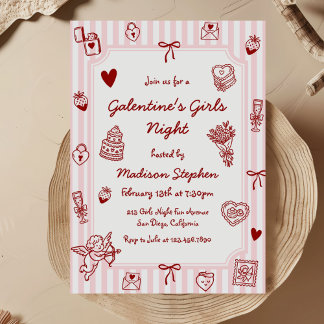 Galentine's Pink Red Hand Drawn Girls Night Party Inbjudningar