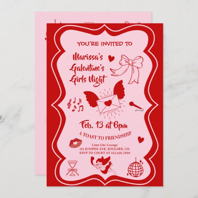 Galentine's Pink Red Hand Drawn Night Party Inbjudningar (Fram/baksida)