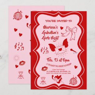 Galentine's Rosa Röd Handritad Nattfest Inbjudningar
