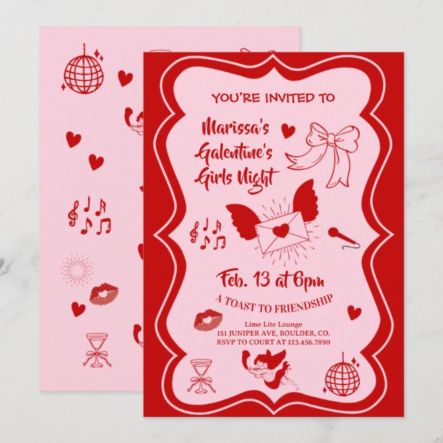 Galentine's Rosa Röd Handritad Nattfest Inbjudningar (Fram/baksida)