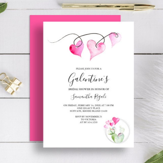 Galentines Thated Möhippa Inbjudningar (Bridal shower invitation for Valentine's Day features watercolor pink hearts and cactus Victoria )