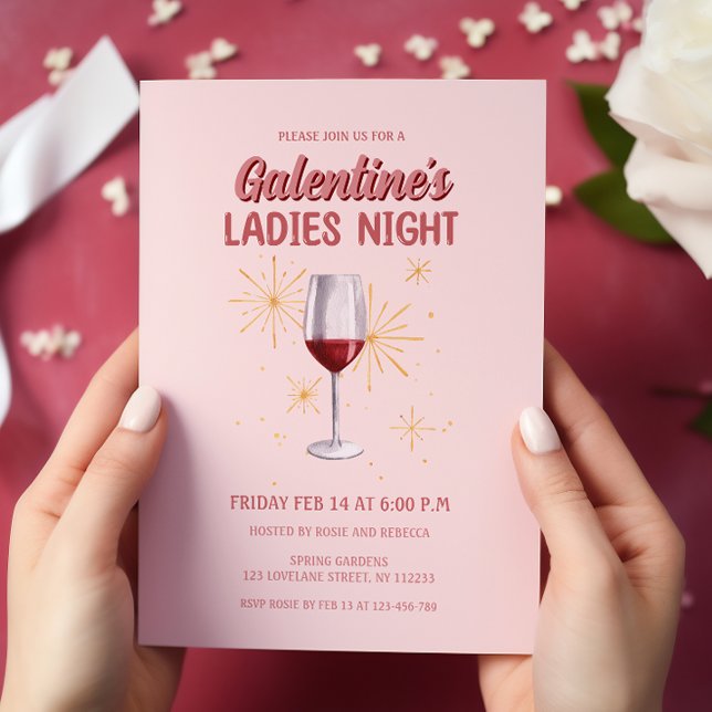 Galentines Vin Glass Dam Natten Party Inbjudningar (wine glass galentines ladies night party invitation )
