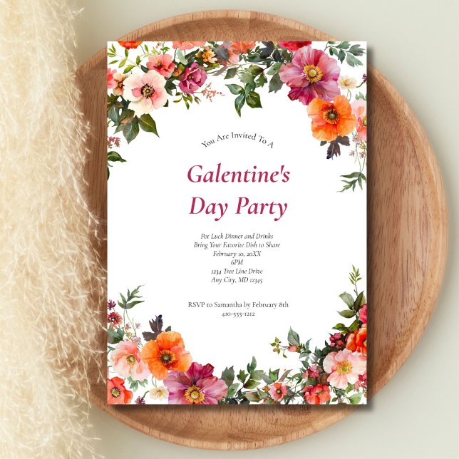 Galentins Alla hjärtans Rosa Red Blommigt-inbjudan Julkort (Galentine's Day Valentine's Day Pink Red Watercolor Floral Party invitation, Printed or Digitial)