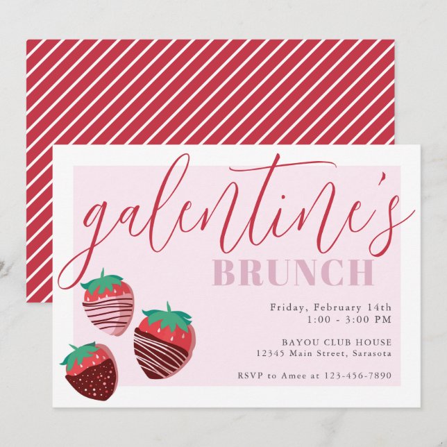 Galentins dag Brunch Chocolate Jordgubbar Inbjudningar (Fram/baksida)