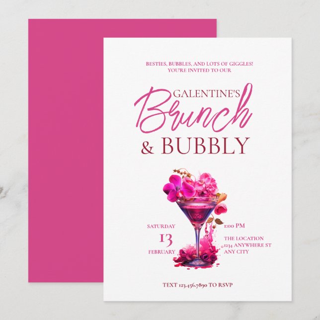 Galentins inbjudan till Brunch och Bubbly (Fram/baksida)