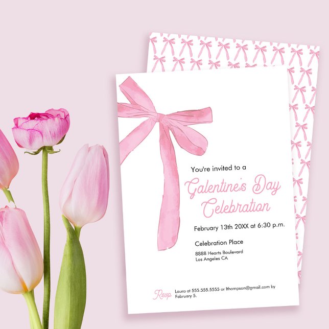Galentins Rosa Ribbon Bow Girly, modern Inbjudningar (Galentine's day pink bow ribbon invitation theme.)
